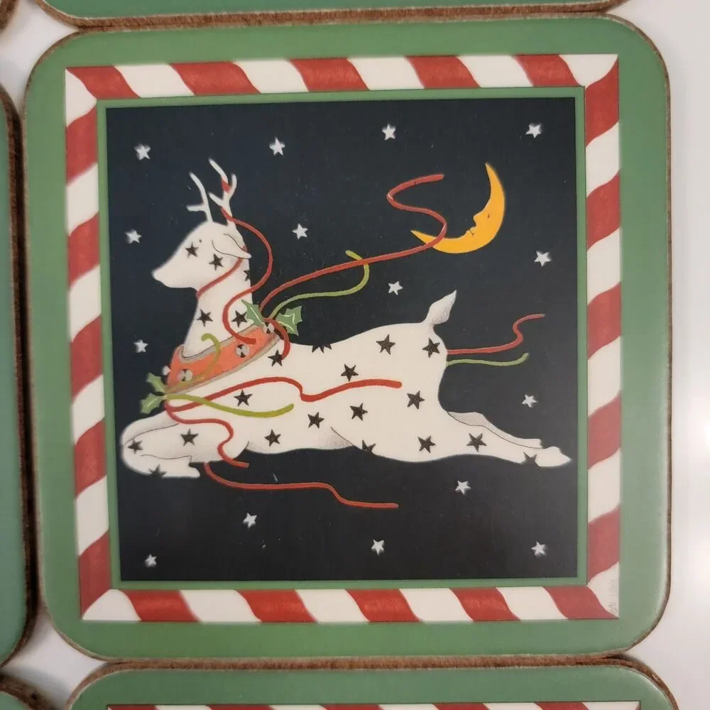 Pimpernel CANDY STICKS 6 Set Vintage Christmas Themed Cork Backed Wood Coasters
